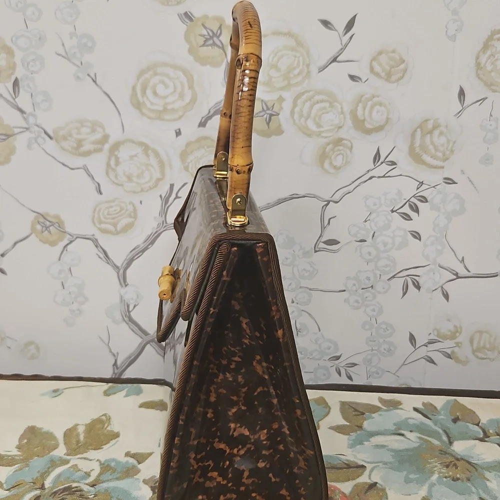 Chic Brown Patterned Satchel with Bamboo Handle - Picture 4 of 11